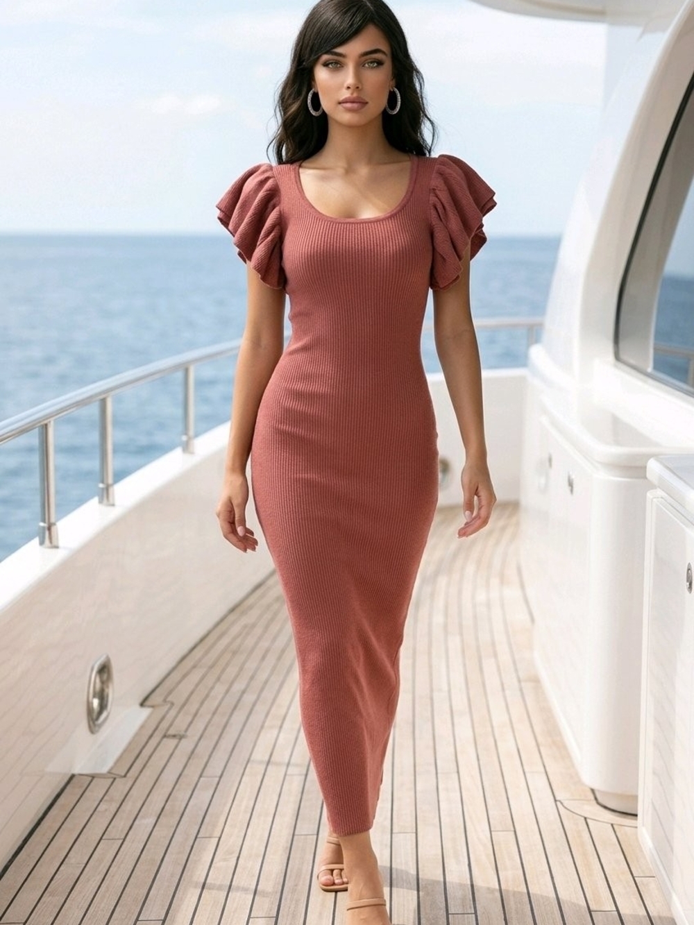 Say What? Ribbed Puff-Sleeve Dress in Rust